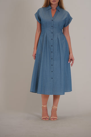 SHORT SLEEVE V NECK MIDI SHIRT DRESS