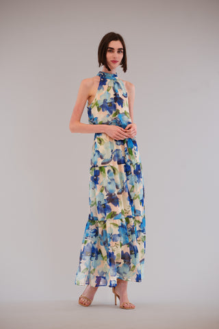 SLVLESS PRINTED CHIFFON HALTER MAXI