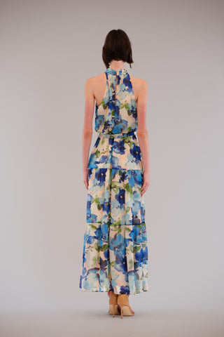 SLVLESS PRINTED CHIFFON HALTER MAXI