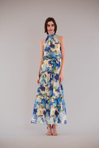 SLVLESS PRINTED CHIFFON HALTER MAXI