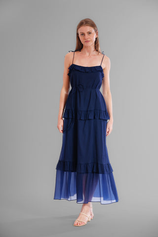TIE SHOULDER SLEEVLES RUFFLE MAXI DRESS
