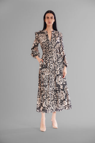LONG SLEEVE V NECK ELASTIC WAIST TIERED DRESS