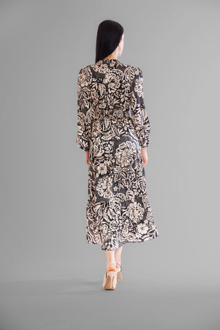 LONG SLEEVE V NECK ELASTIC WAIST TIERED DRESS