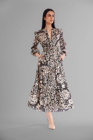 LONG SLEEVE V NECK ELASTIC WAIST TIERED DRESS