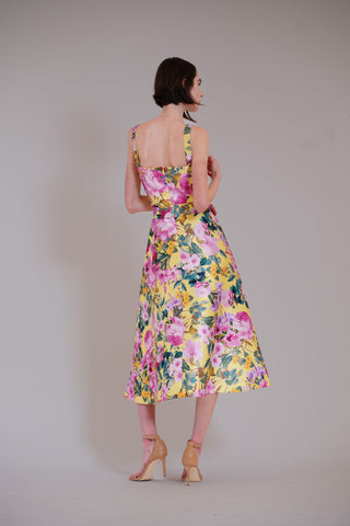 sleeveless printed midi dress with belt