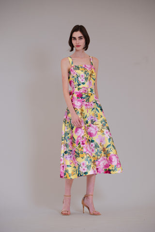 sleeveless printed midi dress with belt