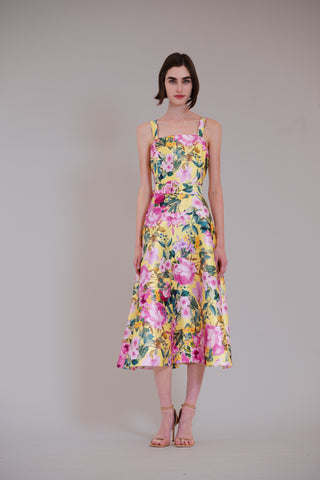 sleeveless printed midi dress with belt