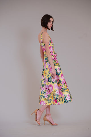 sleeveless printed midi dress with belt
