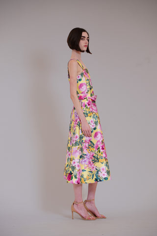 sleeveless printed midi dress with belt