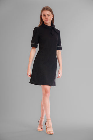 SHORT SLEEVE PEARL TRIM DRESS WITH NECK BOW