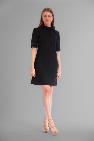 SHORT SLEEVE PEARL TRIM DRESS WITH NECK BOW