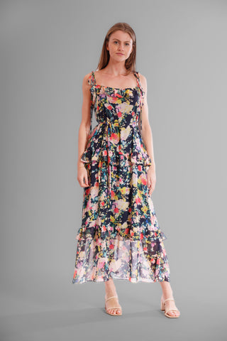 TIE SHOULDER SLEEVLESS RUFFLE MAXI DRESS