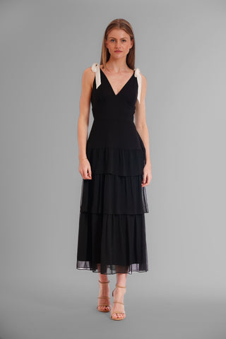 1PC V NECK TIE STRAP SLEEVELESS MIDI DRESS