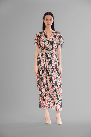 PRINTED SHORT SLEEVE V NECK MAXI DRESS