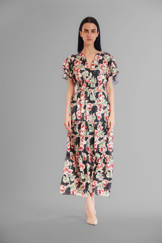PRINTED SHORT SLEEVE V NECK MAXI DRESS