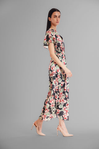 PRINTED SHORT SLEEVE V NECK MAXI DRESS
