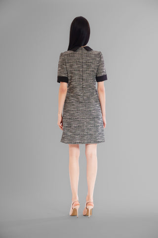 BOUCLE SHORT SLEEVE DRESS W CREPE BOW DETAIL