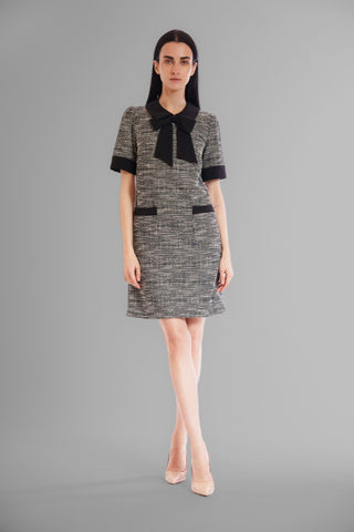 BOUCLE SHORT SLEEVE DRESS W CREPE BOW DETAIL