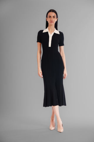 SHORT SLEEVE MIDI SWEATER DRES W CONTRAST COLLAR