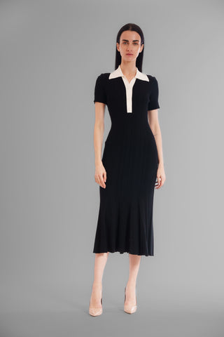 SHORT SLEEVE MIDI SWEATER DRES W CONTRAST COLLAR