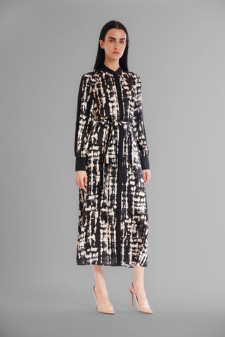 LONG SLEEVE MIX MEDIA SHIRTDRESS W/ MOCK COLLAR