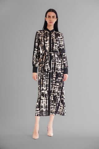 LONG SLEEVE MIX MEDIA SHIRTDRESS W/ MOCK COLLAR