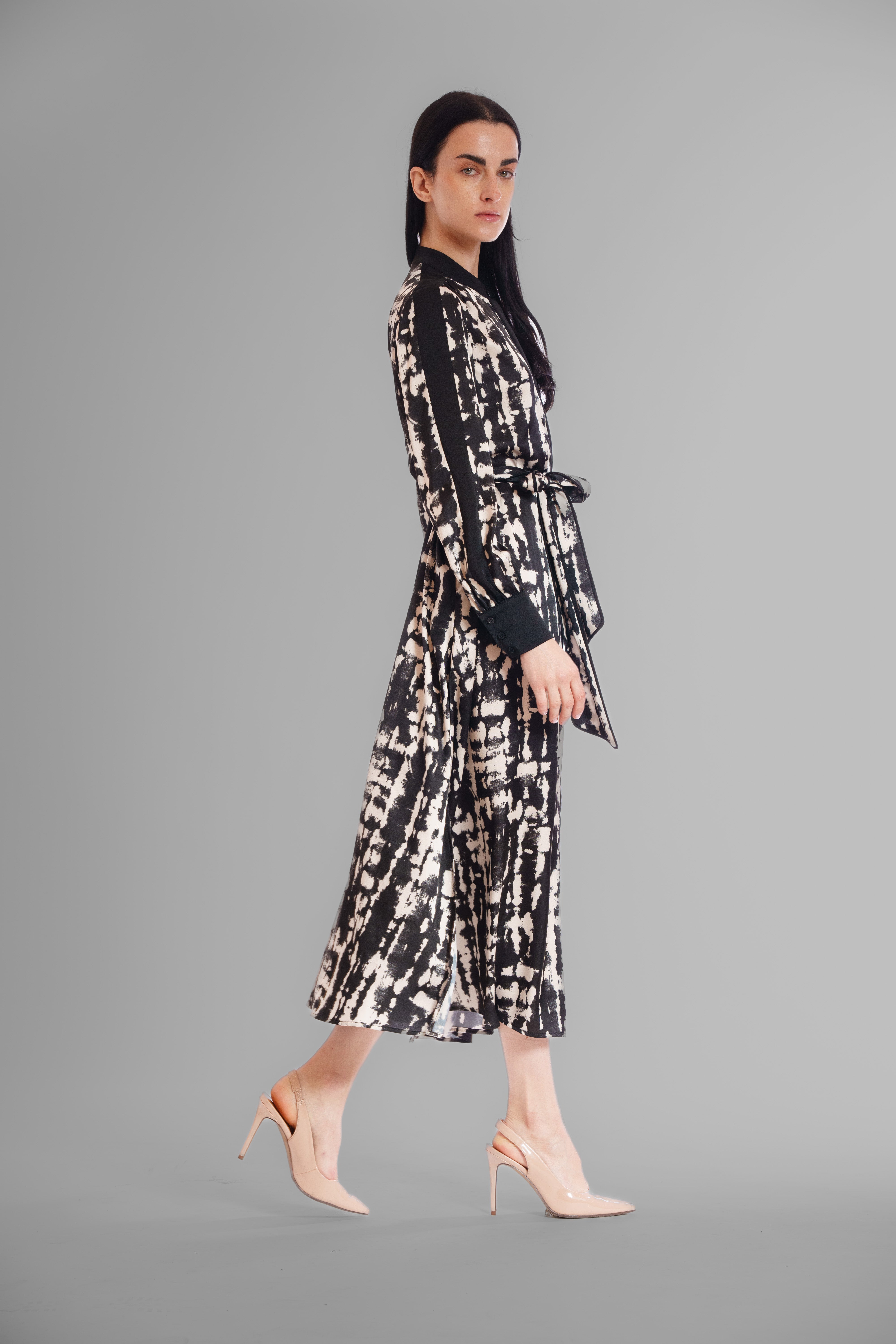 LONG SLEEVE MIX MEDIA SHIRTDRESS W/ MOCK COLLAR