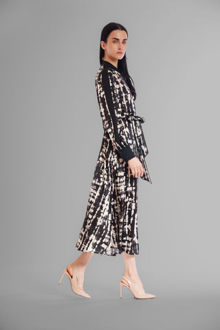 LONG SLEEVE MIX MEDIA SHIRTDRESS W/ MOCK COLLAR