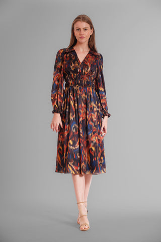 PRINTED V NECK LONG SLEEVE SATIN DRESS