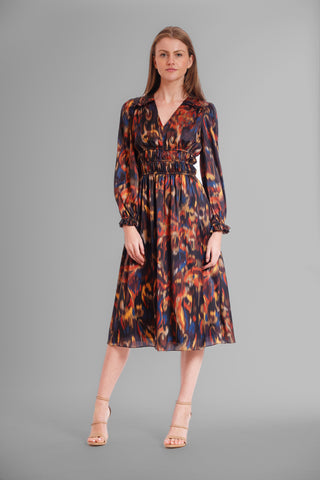 PRINTED V NECK LONG SLEEVE SATIN DRESS
