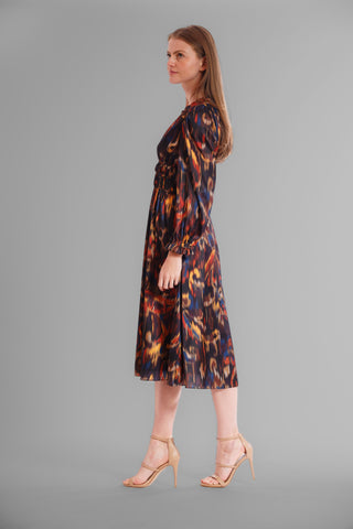 PRINTED V NECK LONG SLEEVE SATIN DRESS