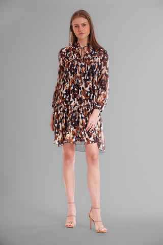 SHORT DRESS W/ L/S AND TIE NECKLINE
