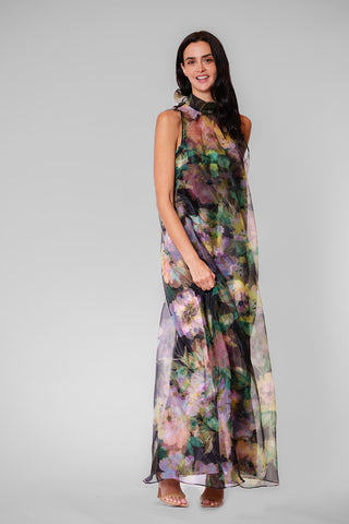 TIE NECK ORGANZA/ SATIN OVERLAY DRESS