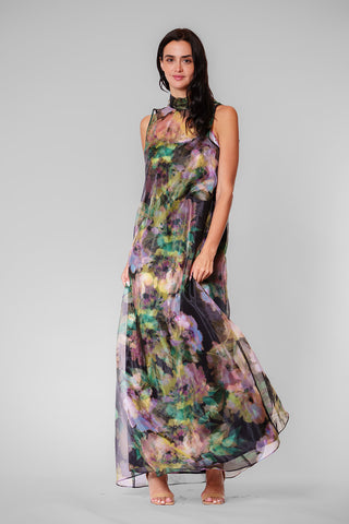 TIE NECK ORGANZA/ SATIN OVERLAY DRESS