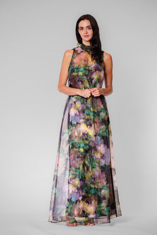 TIE NECK ORGANZA/ SATIN OVERLAY DRESS