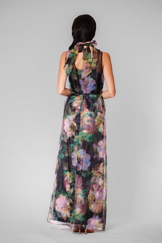 TIE NECK ORGANZA/ SATIN OVERLAY DRESS