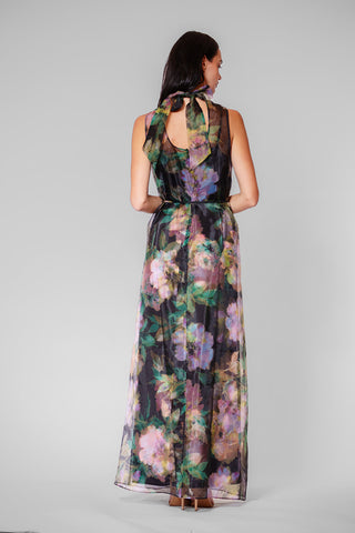 TIE NECK ORGANZA/ SATIN OVERLAY DRESS
