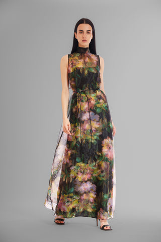 TIE NECK ORGANZA/ SATIN OVERLAY DRESS