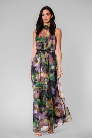 TIE NECK ORGANZA/ SATIN OVERLAY DRESS