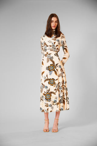 L/SLV MIDI VELVET PRINTED DRESS W HIGH NECK