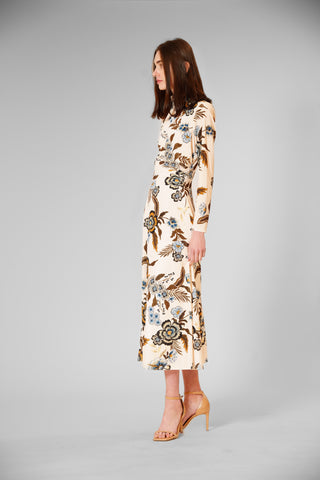 L/SLV MIDI VELVET PRINTED DRESS W HIGH NECK