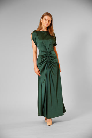 LONG LENGTH DRESS W FLUTTER SLV & RUCHING