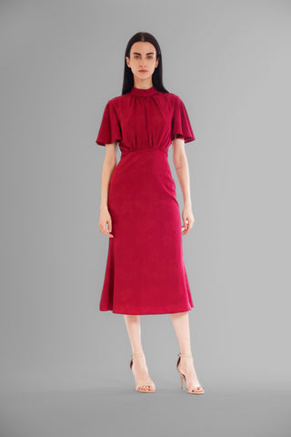 FLOUNCE SLV MIDI DRESS W ROUCHED WAIST