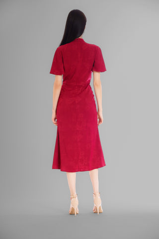 FLOUNCE SLV MIDI DRESS W ROUCHED WAIST