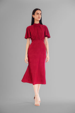FLOUNCE SLV MIDI DRESS W ROUCHED WAIST