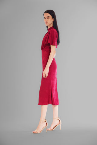FLOUNCE SLV MIDI DRESS W ROUCHED WAIST