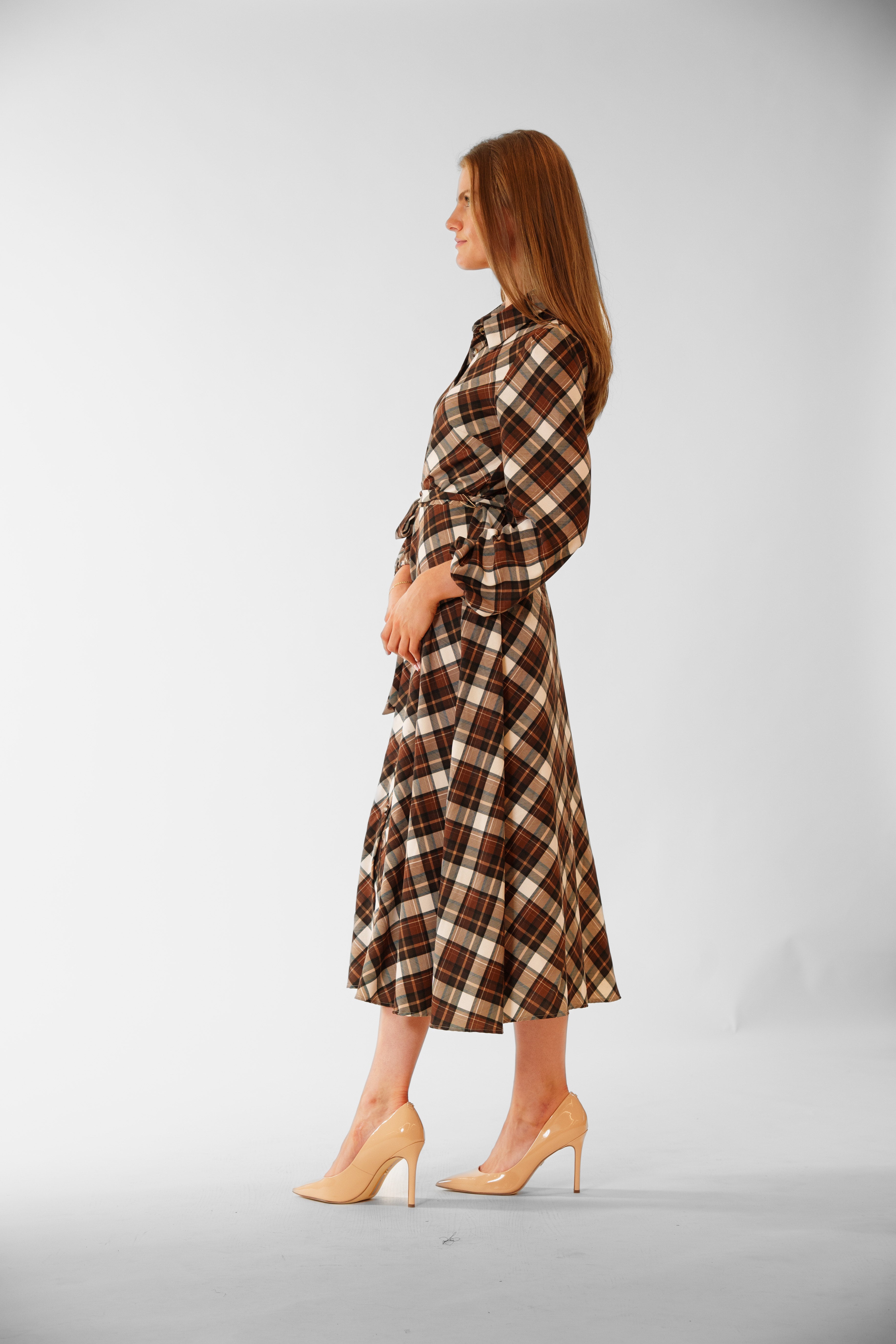 long brown plaid dress Plaid Wool Midi Dress - A-Line Silhouette with Pleated Skirt 5303