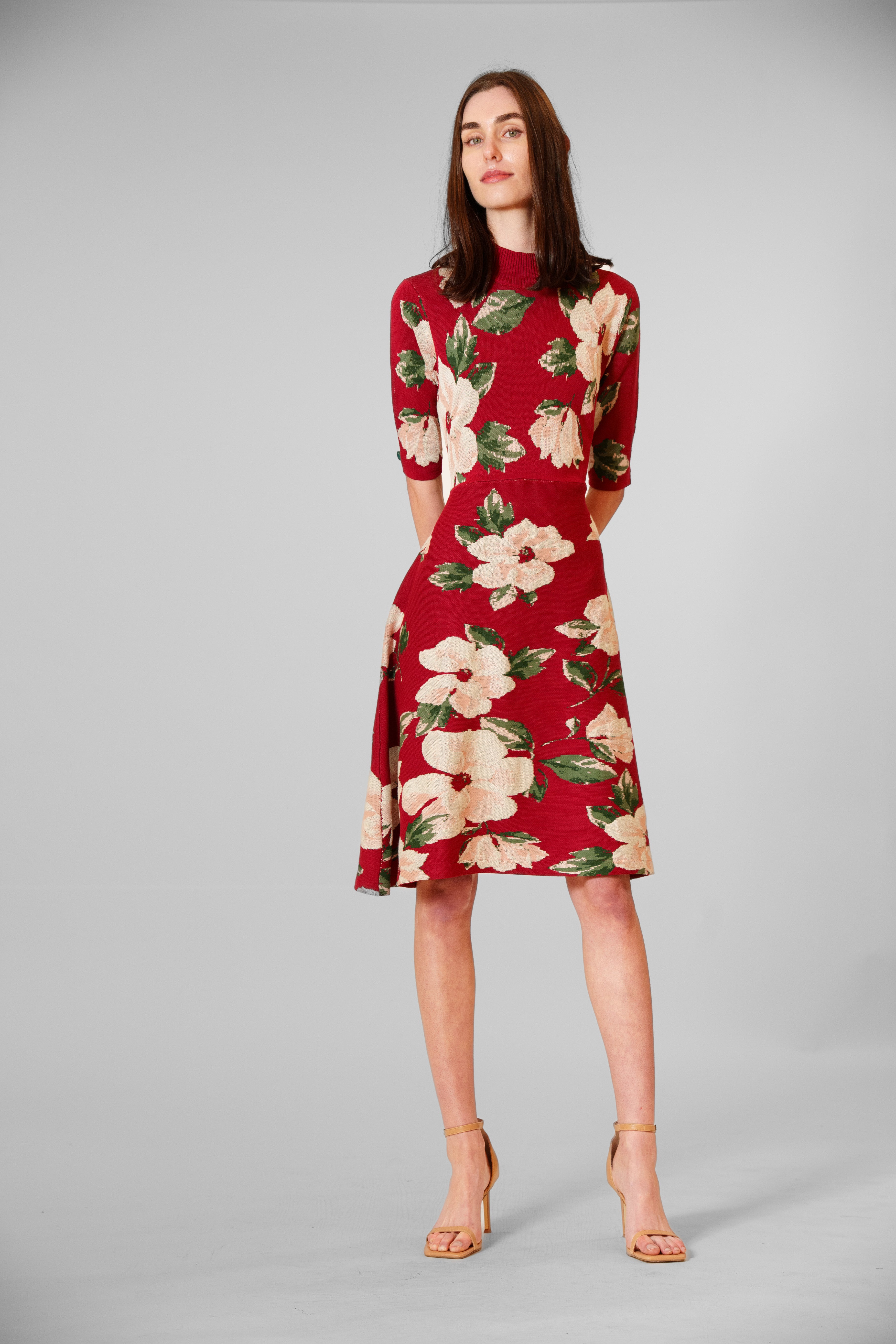 elbow sleeve knit dress Leafy Floral Knit Dress, Elbow Sleeves, Removable Sash