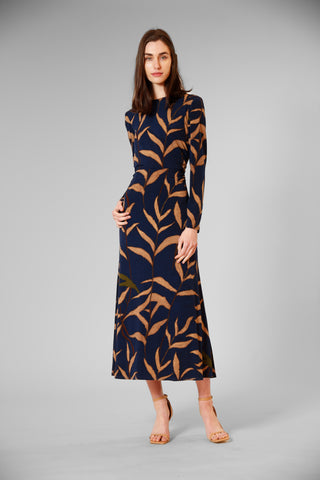 PRINTED MIDI DRESS W LONG SLV & JEWEL NECK