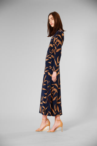 PRINTED MIDI DRESS W LONG SLV & JEWEL NECK